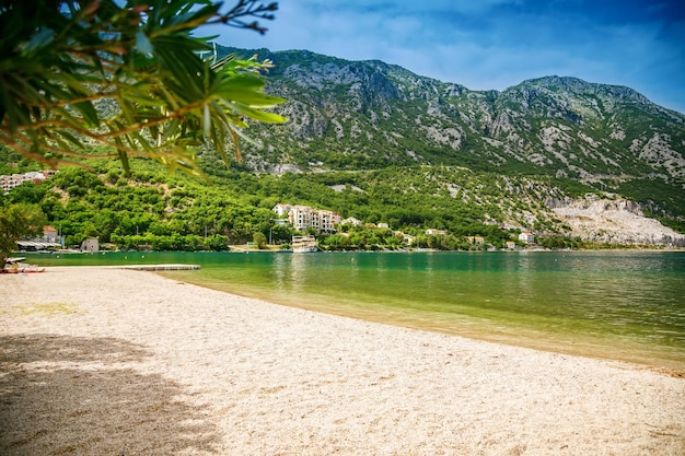 Beautiful view from the beach in the small village Morinj in the Kotor bay