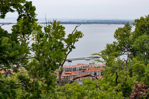 Beautiful view from the mountain on the coast of a resort town in Bulgaria