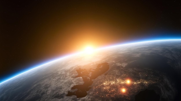 Beautiful view from space of the Sun rising over Planet Earth 3d render