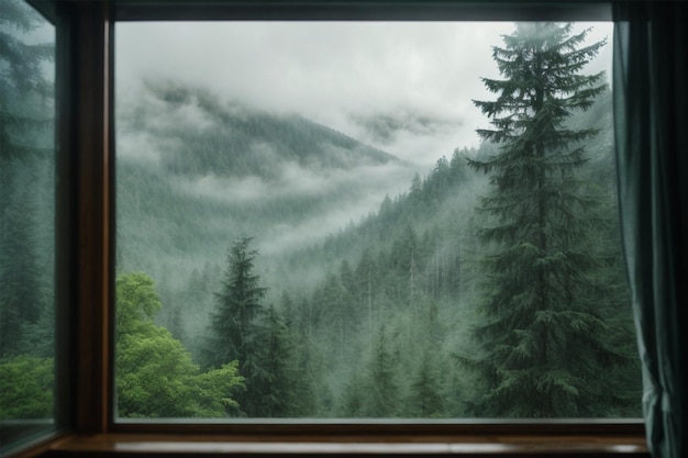 Красивый вид из окна на туманный лес и горы