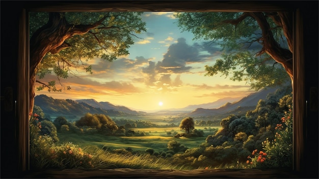 Beautiful view from the window of the mountain landscape at sunset