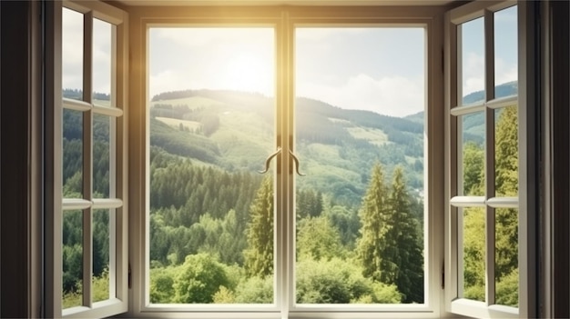 Прекрасный вид из окна на горный пейзаж при заходе солнца