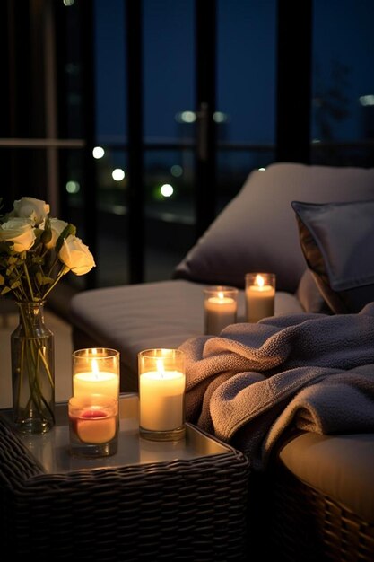 Photo beautiful view of garden furniture with pillow soft blanket and burning candles at balcony