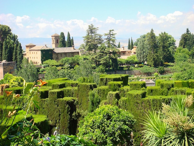 여름날 Alhambra Granada Spain의 정원에서 아름다운 전망