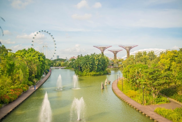 シンガポールにある湾のそばの庭園の美しい景色