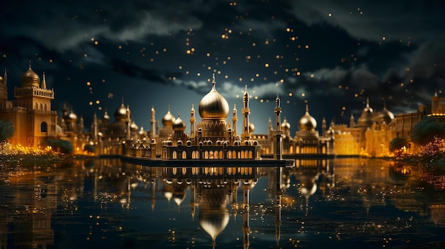 背景にランタンとキャンドルを持つイスラムの祭典中のゴールデン・モスクの美しい景色イスラムの祭典とアル・フィトル・アドハー・イードとラマダン