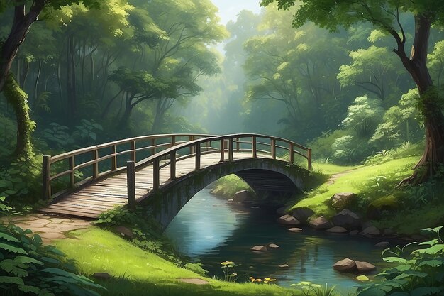 Beautiful view of greenery and a bridge in the forest perfect for background