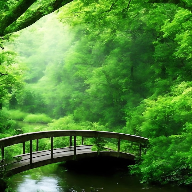 Beautiful view of greenery and a bridge in the forest perfect for background