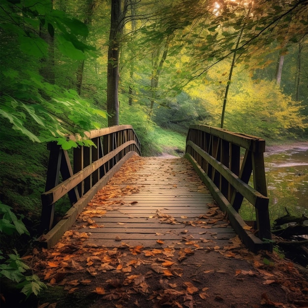 Beautiful View of Greenery and a Bridge in the Forest