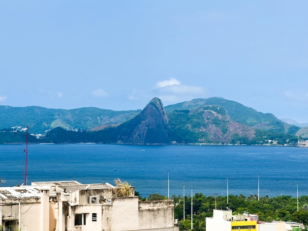 Beautiful view of Guanabara Bay Niteroi from a viewpoint in Parque das Ruinas Rio de Janeiro Brazil