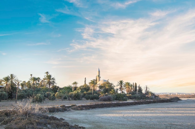 Beautiful view of the hala sultan tekke in larnaca on the island of cyprus