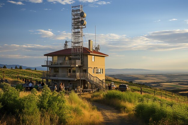 Фото Красивый вид, высоковольтная электрическая или телекоммуникационная антенна, беспроводная башня с зеленым полем
