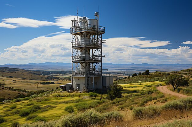 Beautiful view high voltage electric or telecommunications antenna wireless tower with green field