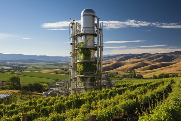 Foto bella vista torre wireless con antenna elettrica o per telecomunicazioni ad alta tensione con campo verde