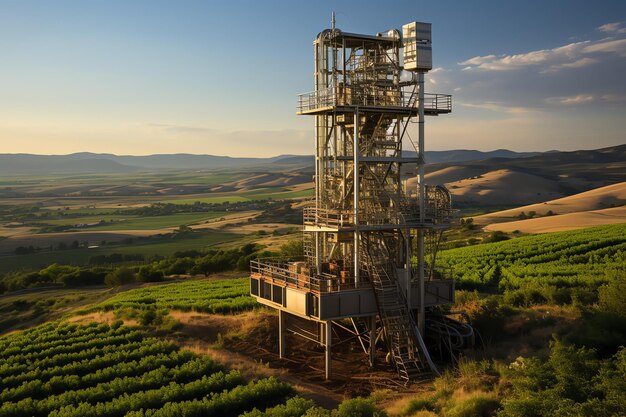 Beautiful view high voltage electric or telecommunications antenna wireless tower with green field