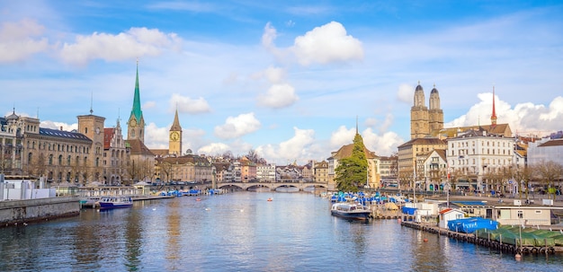 Beautiful view of the historic city center of Zurich on a sunny day with blue sky