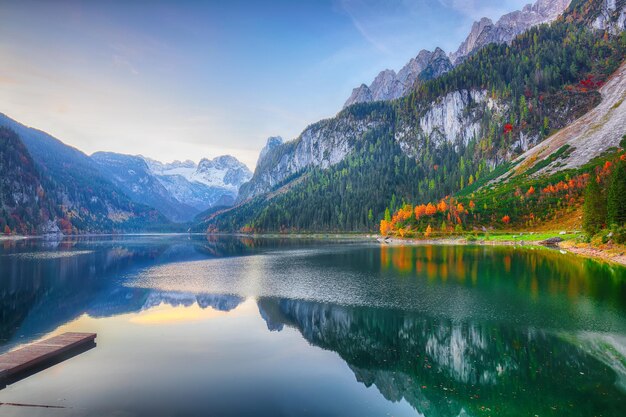 Beautiful view of idyllic colorful autumn scenery in Gosausee lake Austria