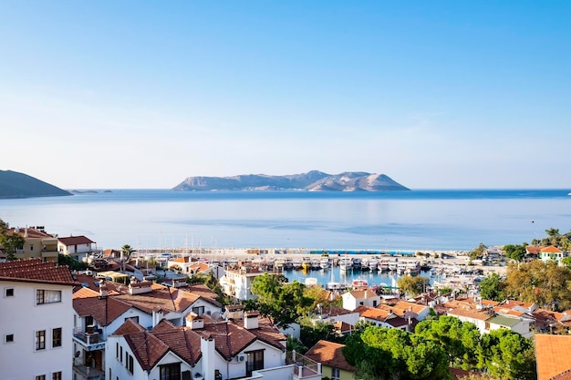 Beautiful view of Kas town on Mediterranean coast Turkey and Greek Island of Meis