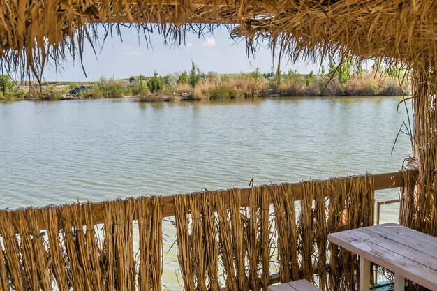 Beautiful view of the lake and the island from the reed gazebo