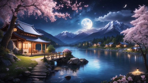 Beautiful View of Lake with Mountain and Sakura Cherry Blossom