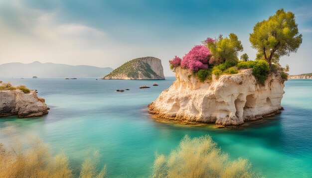 a beautiful view of a lake with a tree on the cliff