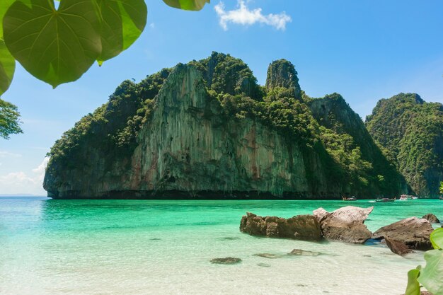 Beautiful view landscape of tropical beach, emerald sea and white sand against blue sky, Maya bay in phi phi island, Thailand