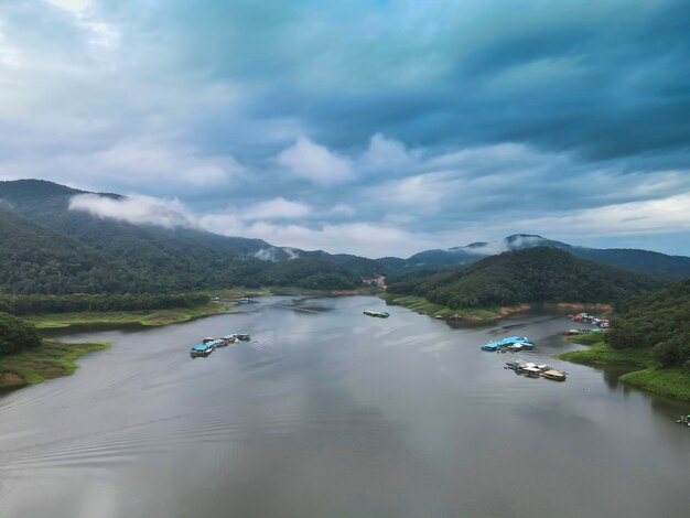 Beautiful view of Mae Ngad Dam, Comprised of mountains,River and sky