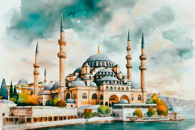 구름이 많은 날에 웅장한 역사적인 Suleymaniye 모스크의 아름다운 풍경 이스탄불은 터키입니다.