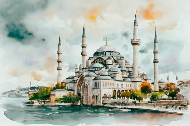 구름이 많은 날에 웅장한 역사적인 Suleymaniye 모스크의 아름다운 풍경 이스탄불은 터키입니다.