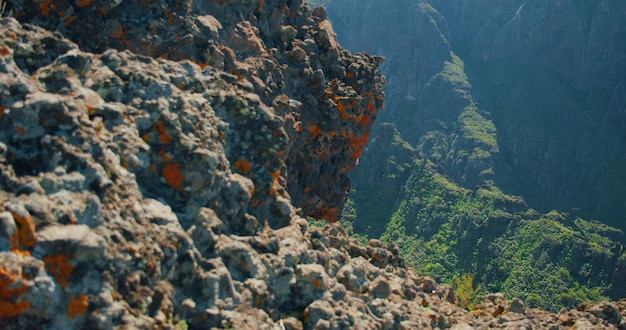 Beautiful view of the Masca Gorge or Barranco de Maska from the peak of the mountain peak Rocky mountains in the foreground Mirador La Cruz de Hilda Nobody Hand held