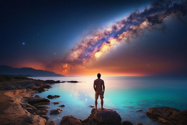 Foto bella vista della via lattea che brilla nel cielo con il mare calmo e un uomo che guarda le stelle e il tramonto