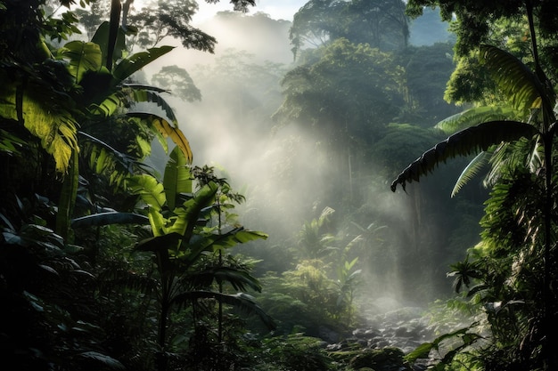Beautiful view of misty tropical rainforest in Sri Lanka rainforest morning fog AI Generated