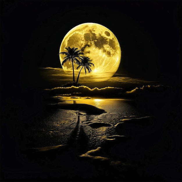 Beautiful view of the moon on the beach at night