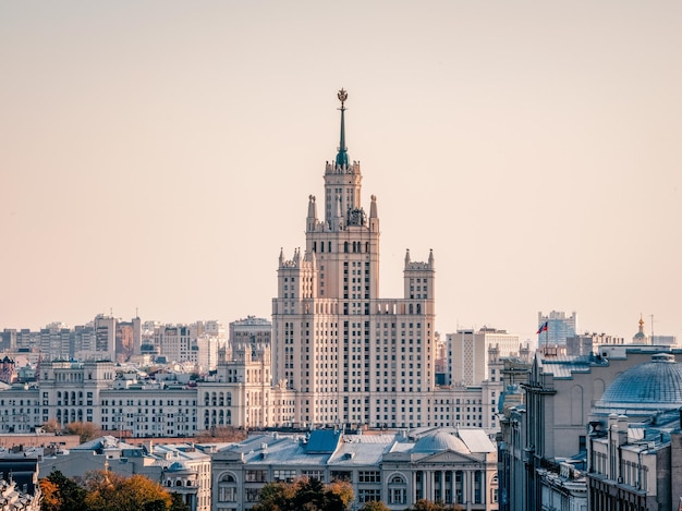 Beautiful view of Moscow. Stalinist residential building on Moscow River embankment. Russia.