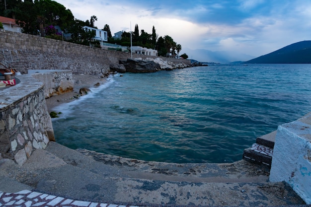 Beautiful view of the mountains in the Bay of Kotor on a sunny morning, Montenegro. Adriatic Sea.