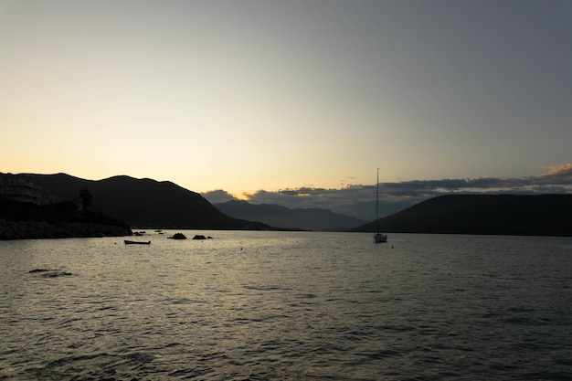 Beautiful view of the mountains in the Bay of Kotor on a sunny morning, Montenegro. Adriatic Sea.