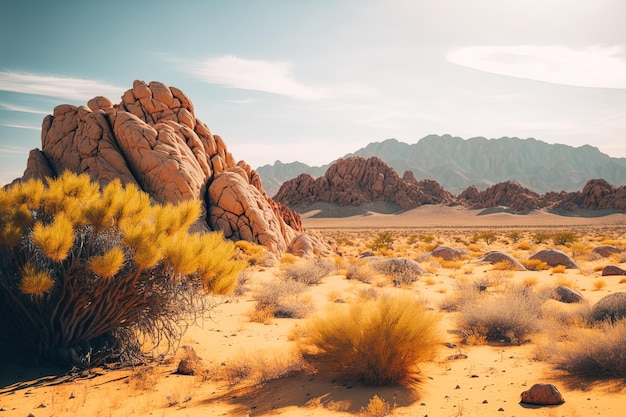 Foto bella vista delle montagne in lontananza e dei grandi massi e dune in un deserto