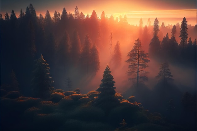Красивый вид на горы и лес с закатным небом AI