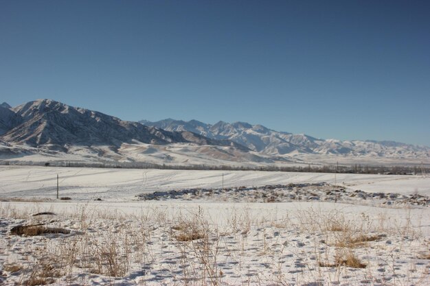 寒い冬の日に雪に覆われた山々や土地の美しい景色