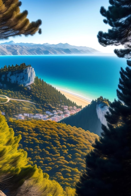 Beautiful view of the mountains the sea and the blue sky through the branches of the trees Crimea