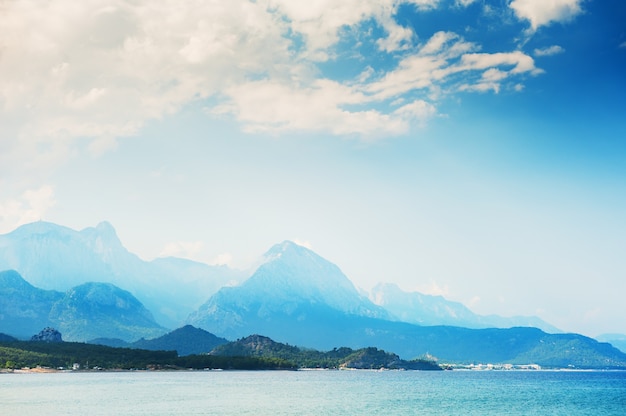 Beautiful view of the mountains and sea coast in Kemer, Turkey.