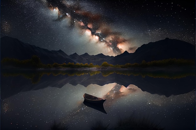 A beautiful view of the mountains and the starry sky in the reflection of the water surface