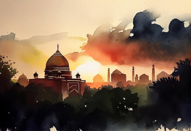 Beautiful view of New Delhi watercolor sketches generative AI