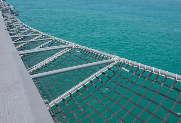 Beautiful view on the ocean.Net on side of ship and blue water.