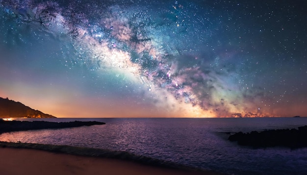 写真 天空に輝くミルクウェイの美しい景色と静かな海と星と夕暮れ