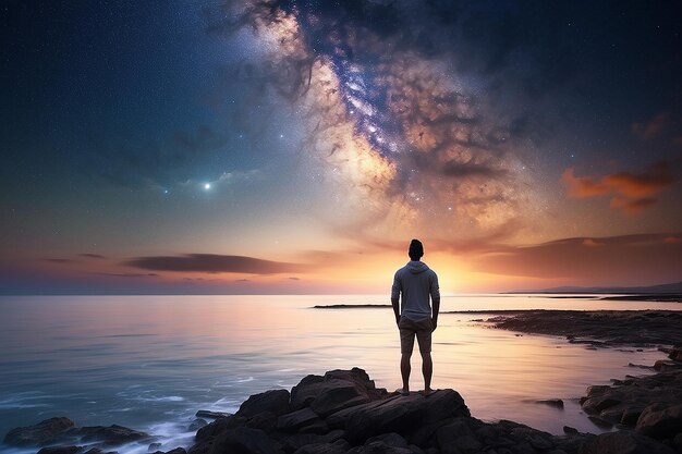 写真 静かな海と星と夕暮れを見ている男と空に輝くミルクウェイの美しい景色