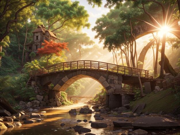 Beautiful view of old bridge in the forest