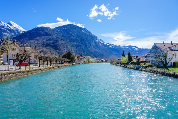 Beautiful view of old town and interlaken lake canal, Switzerland. 