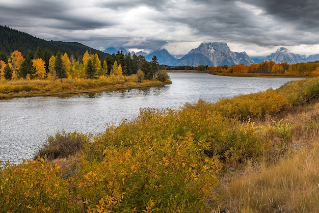 Oxbow Bendの美しい景色Grand Teton National Parkに出る。