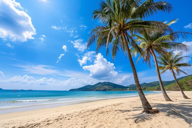 Beautiful view of palm trees growing on the beach at a resort